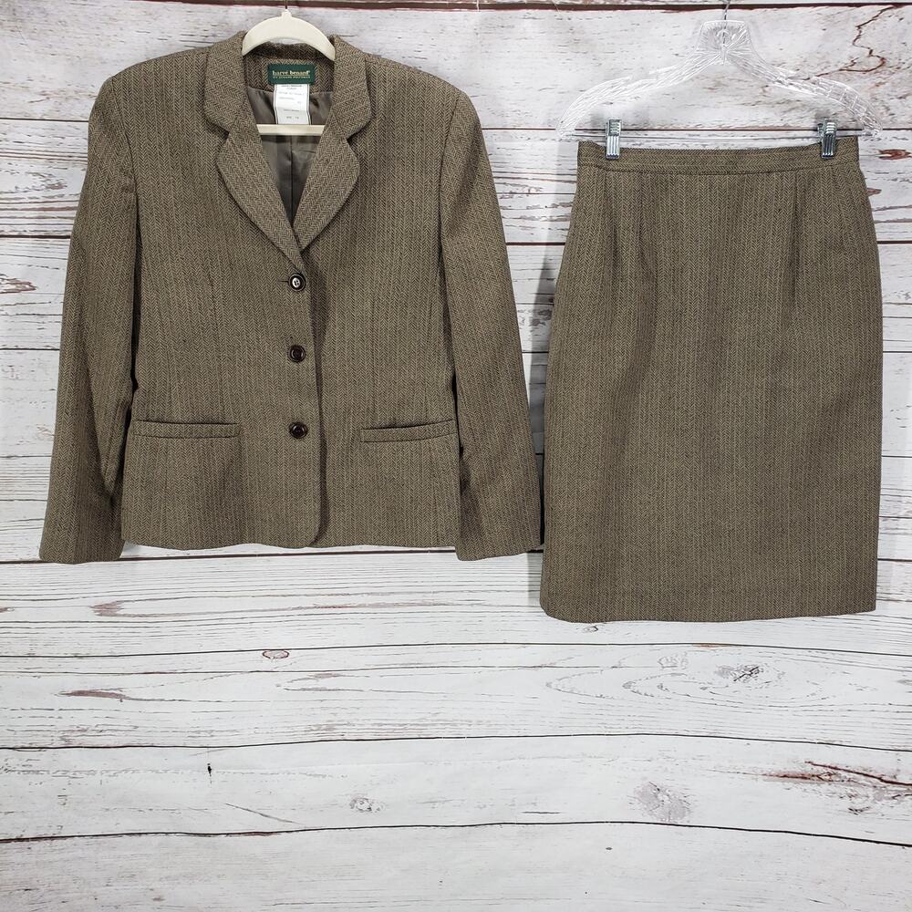 Harve Benard Women's Brown Wool Herringbone 2 Piece Top & Skirt Set Size 12